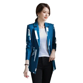 

Blue Office Jacket High Quality Fashion Women Long Blazer Casual Wear double Button ladies Top with Pocket Plus Size coat