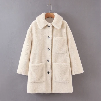 

Plus Size Winter Lamb Cashmere Overcoat Women Turn Down Collar Pockets Long Fleece Coat Female Warm Outwear XB9606