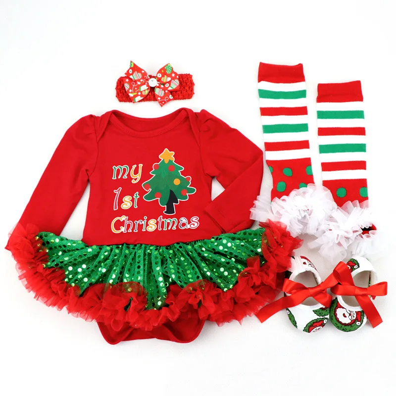 Рождественские комплекты одежды из 4 предметов для новорожденных девочек и мальчиков комбинезон, платье+ повязка на голову+ обувь+ гетры, 11 стилей одежды
