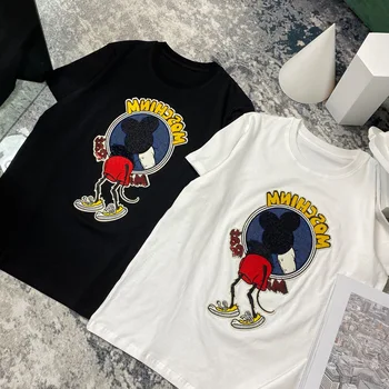 

New spring 2020 heavy hot drilling sequins cartoon mouse embroidery female loose couple T shirt short sleeve blouse