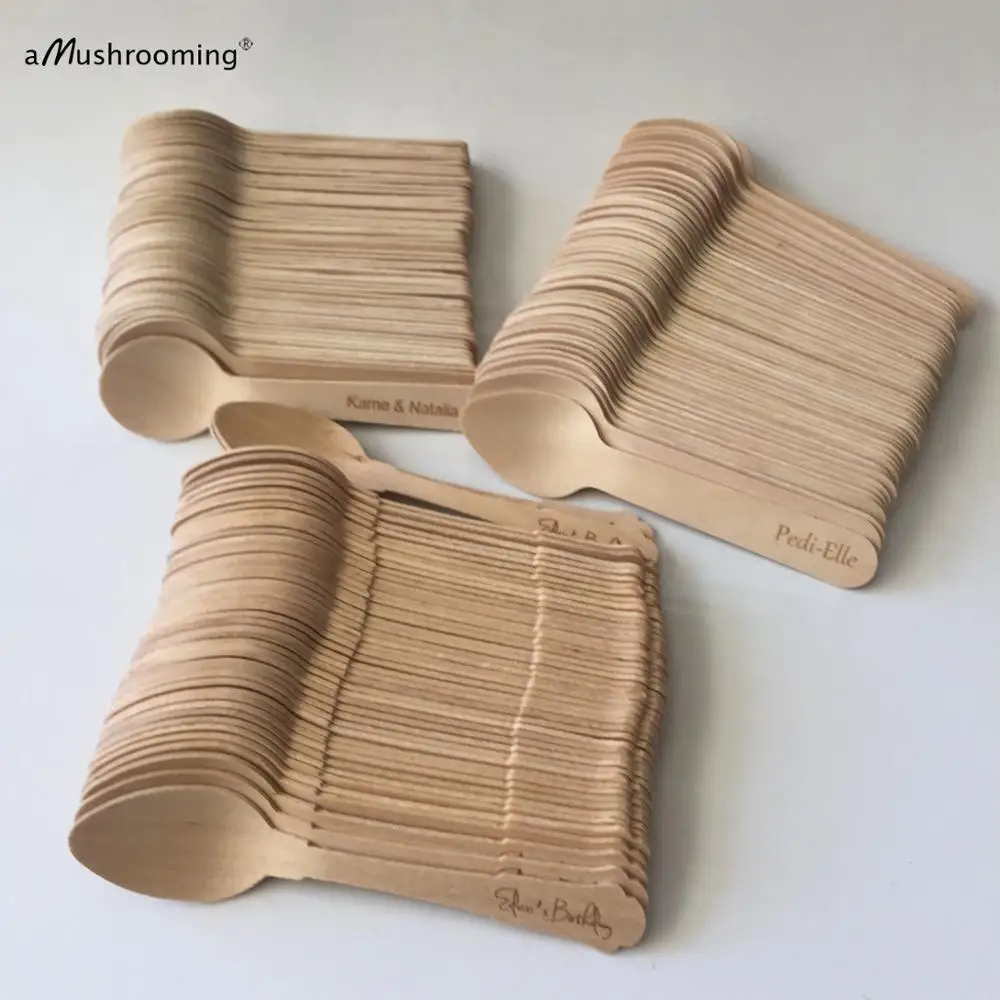 1000pcs Wooden Disposable Mini Spoons Laser Engraved Dessert Ice Cream