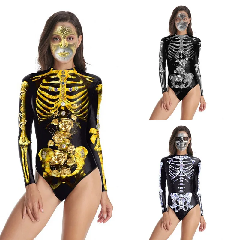 

Jumpsuit Women Halloween New Bodysuit 3d Digital Print Long Sleeve Zipper Skeleton Tight Plus Size Casual Halloween Bodysuit