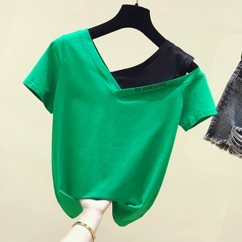 

Short Sleeve Tshirt Cotton Shirts Woman New Korean Style Skinny Leaky Shoulder T-shirt Women's Basic Tee Tees Students Tops