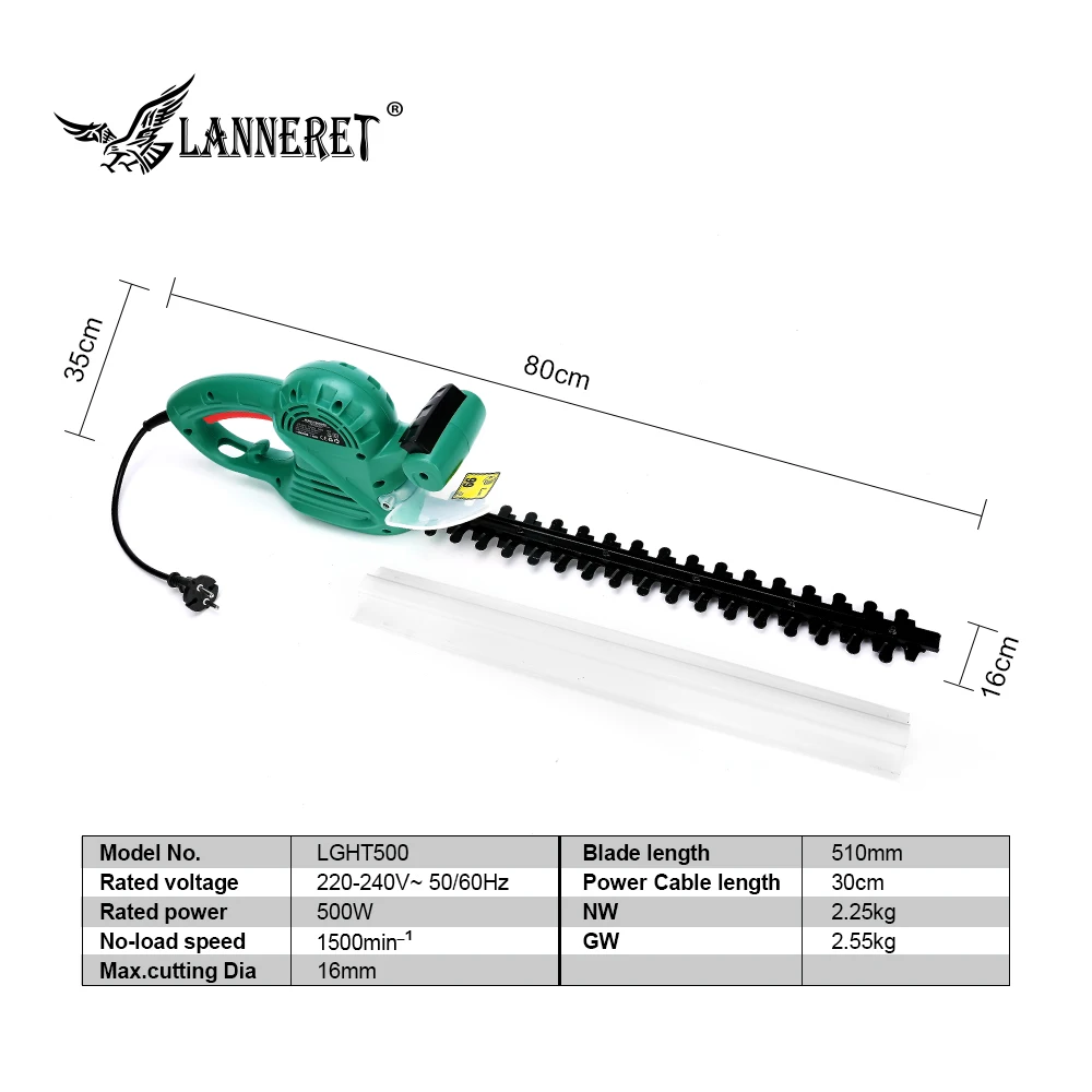 LANNERET 500 Вт хедж триммер AC Электрический 510 мм газонокосилка машина с двумя ручками переключатель безопасности садовый инструмент