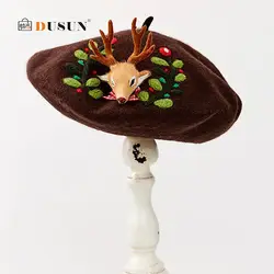 Милый ручной работы шерсть женский берет Рождество Маленькая Доу головной убор с вышивкой Женская Повседневная маляр шляпа для праздника