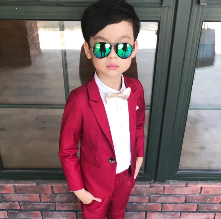 Autumn spring Kids Gentleman Wedding Formal Suit Boys Party Wear 2pcs Solid Blazer+Pant Fashion Children Formal Clothing suit - Цвет: Красный