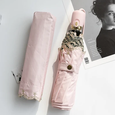 Изысканная вышивка Автоматическая 3 складной зонт для Для женщин ветрозащитный дождевик зонтик леди высокое качество отличный подарок - Цвет: Pink Star