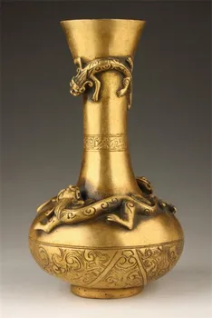

Copper Statue Collection Chinese Pure Brass Carved Animal Lifelike Dragon Vase Bottle Statue Beautiful Decoration Jar