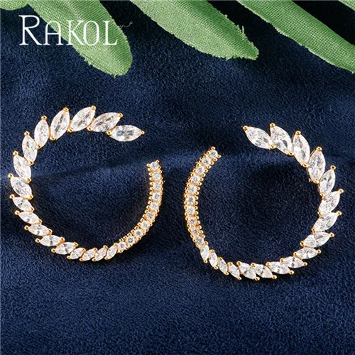 Новые модные брендовые серьги RAKOL, прозрачные круглые серьги с цирконием кубической огранки для женщин в форме листа, CZ ювелирное изделие, подарок - Окраска металла: Gold Color