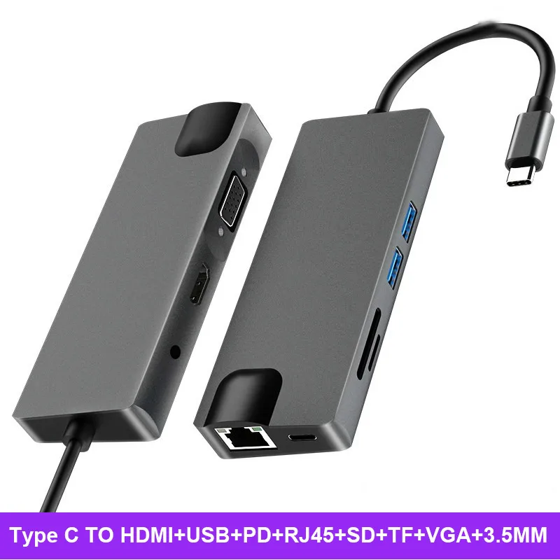 Адаптер Basix USB Type C Hub HDMI 4K VGA RJ45 Lan Ethernet SD TF 3 0 5 мм разъем для аудио и видео MacBook