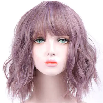 

Short Water Wave Wigs Synthetic Bob Wig Hair with Neat Bang Bulk Hair for White Women Pink Brown Blue Purple for Choose BY045