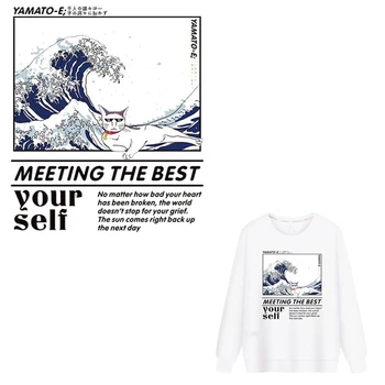 

The Great Wave off Kanagawa Cat Patches Heat Transfer Iron On Patch Washable A-level Clothes Stickers