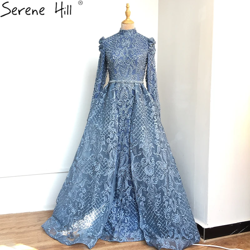 Muslim Blue High Collar Crystal Long Sleeves Evening Dresses 2020 Luxury High-end Formal Gowns Plus Size BLA70419 | Свадьбы и