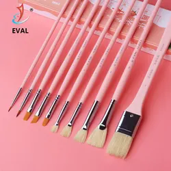 EVAL 10pcs Pink Watercolor Gouache Painting Brushes Pig Mane Bristle Oil Acrylic Birch Rod Student Beginner Drawing Art Tools