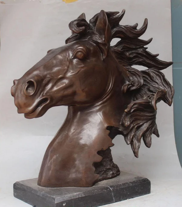003995 24" lucky Chinese Bronze Carved Animal Successful Horse Head Bust Base Sculpture statue(A0327) discount 30