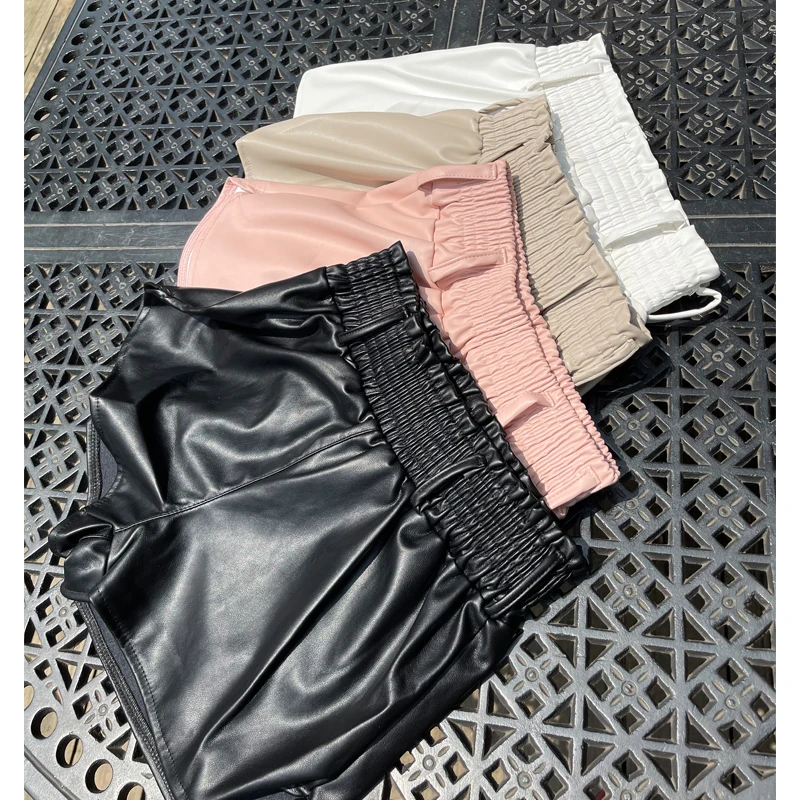 Black Faux Leather Biker Shorts Women Elastic High Waist Wide Leg Shorts Fashion Autumn Casual Ladies Sexy Leather Shorts Femme biker shorts