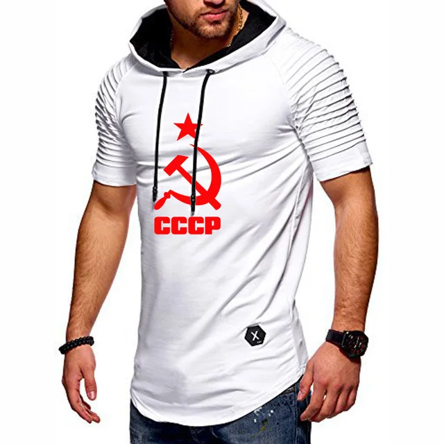 Футболка мужская летняя хлопковая со складками модная тенниска с капюшоном и