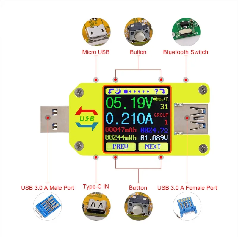 UM34 UM34C Для APP USB 3,0 Тип-C DC Вольтметр Амперметр Напряжение измеритель тока, для батареи зарядки измерения Кабельный тестер сопротивления