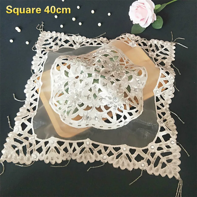 

European Square Embroidered Beaded Lace Apricot Placemat Fruit Snack Drink Cover Cloth Coffee Table Mat Party Banquet Decoration