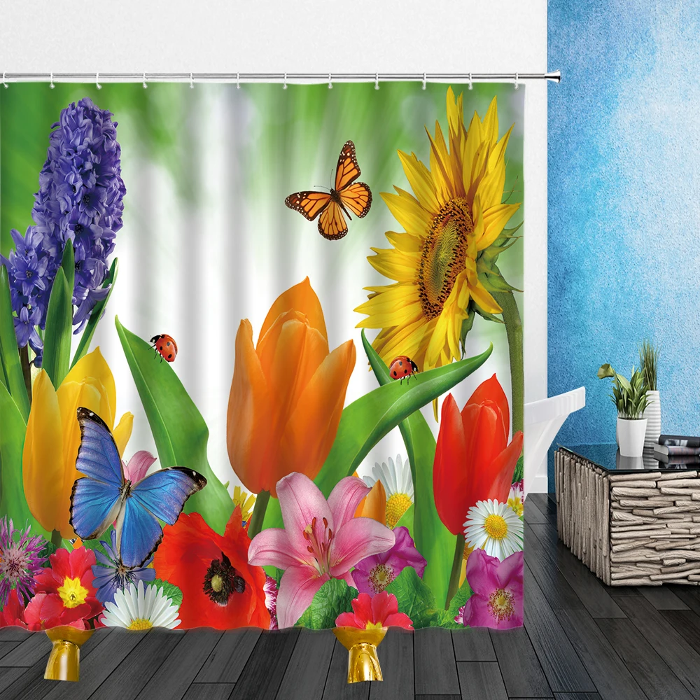 

Fresh Flowers Shower Curtains Spring Plant Flower 3D Print Pattern Mildew Proof Waterproof Cloth Bathroom Decor Curtain Set