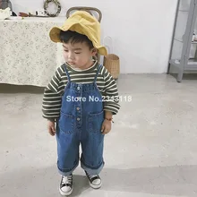 Весна г., модная однотонная джинсовая одежда для мальчиков, широкие комбинезоны для детей от 1 до 7 лет, универсальные повседневные брюки на подтяжках