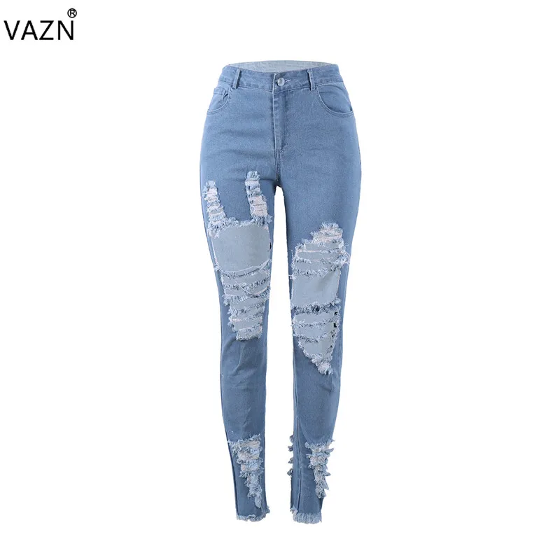 VAZN ME281 специальный продукт Осенние сексуальные 2 цвета длинные джинсы средняя талия пуговицы с дырками джинсы сексуальные женские шикарные дизайнерские джинсы