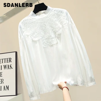 

Stand Collar Chiffon Shirt Women Loose White Lace Blouse 2020 Spring Blouse Woman Ladies All-match Tops Bluzki Damskie