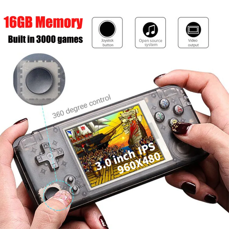 Retro Handheld Game Console 64Bit 16GB 3.0Inch Built-in 3000 Classic Games Support For PS1/NEOGEO/CP1/CP2/GB/SFC/FC Emulators |