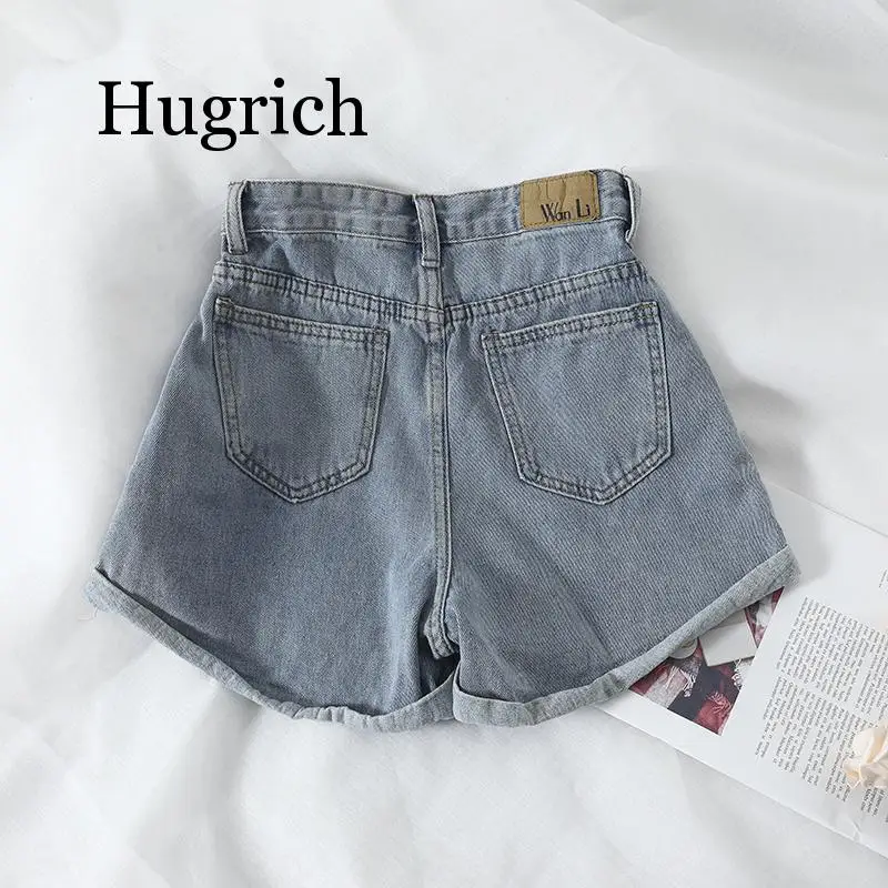 2020 Summer Vintage Curling Denim Shorts Women Button Zipper Pocket Elastic High Waist Jeans Short Female Hotpants
