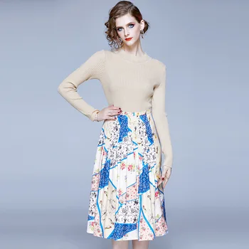 

New arrival Runway autumn 2pcs Set Elegant Women flower Floral Printed Skirt + Knitted Pullover sweater long Sleeve Crop Top