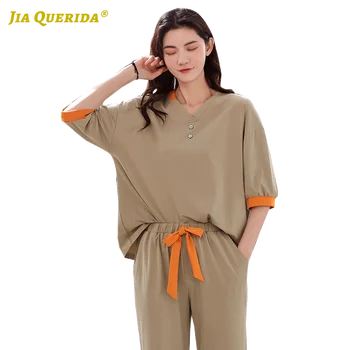 

100% cotton Solid Summer Pajamas Set Homesuit Homeclothes Sleepwear Casual Style Fashion Style V Neck Short Sleeve Woman Clothes