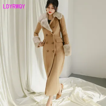

2019 autumn and winter new women's temperament lapel single-breasted Slim knee long coat female wool Turn-down Collar Wool