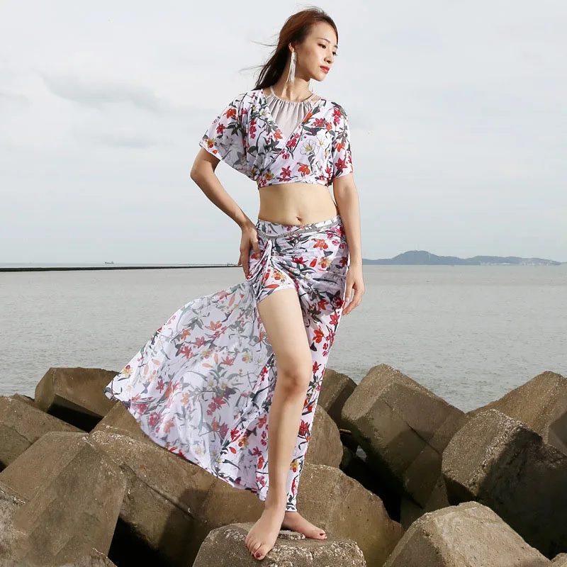 FLoral Женская одежда для танца живота одежда фиолетовый цветочный костюм комплект Топ и юбка(с бретелькой - Цвет: FLoral