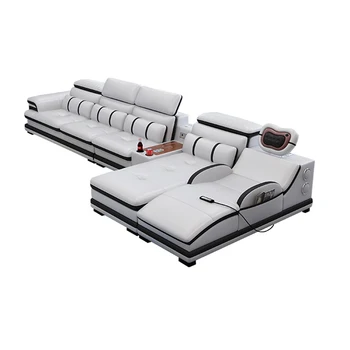 Sofá nórdico reclinable de cuero auténtico con forma de L, para sala de estar, con altavoz de masaje