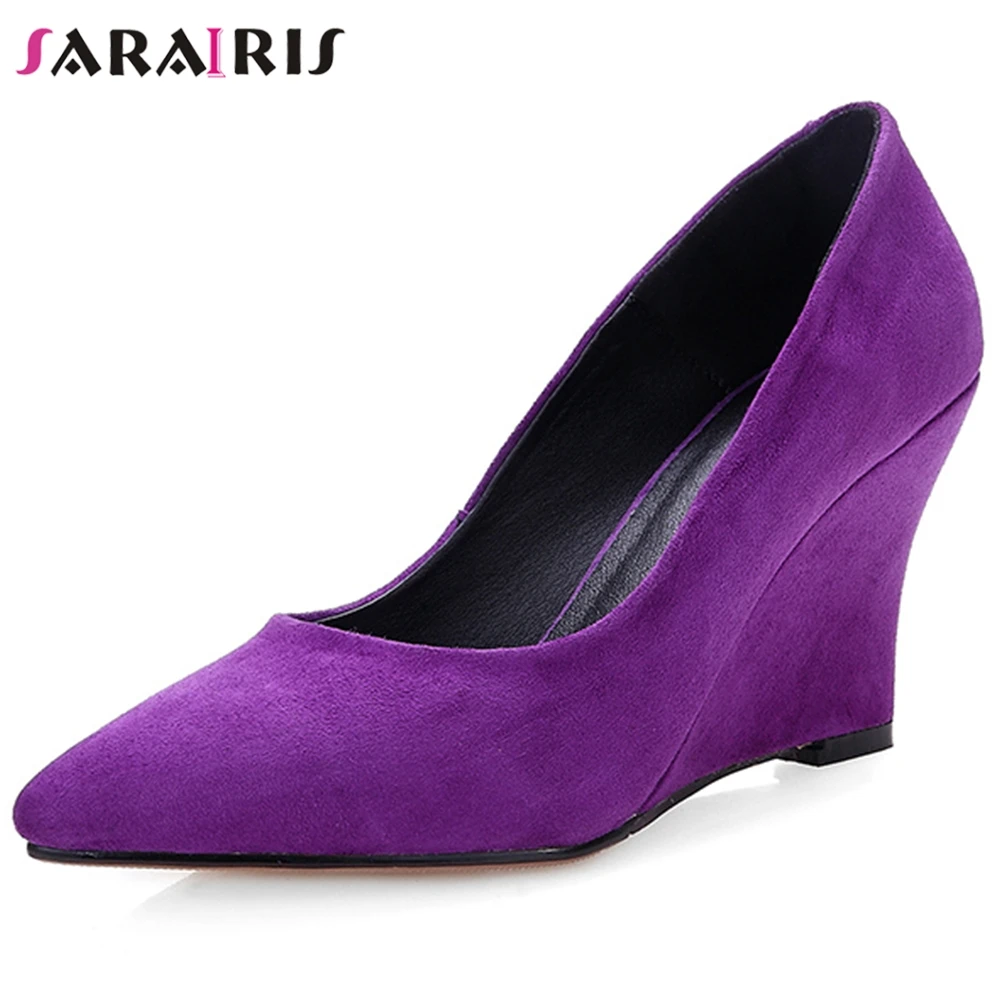 

SARAIRIS New Female Sexy Pointed Toe Shallow Pumps High Wedges Pumps Women Office Quality Genuine Leather Suede Shoes Woman
