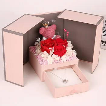 

Creative Artificial Rose Flower Bear Gift Boxes Practical Jewelry Necklace Rings Storage Case Christmas Presents