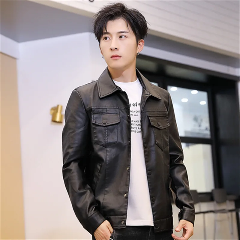 

Men Spring And Autumn Fold-down Collar Leather Coat Youth Trend Casual Slim Fit Fashion Korean-style Handsome MEN'S Coat Leather