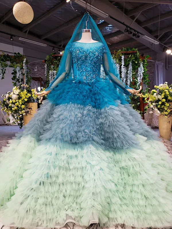 as photo blue BGW/вечернее платье с длинным рукавом, круглым вырезом и аппликацией 3D цветов, Многоуровневое Тюлевое бальное платье для невесты, vestidos De Novia Corte Princesa - Цвет: as photo blue