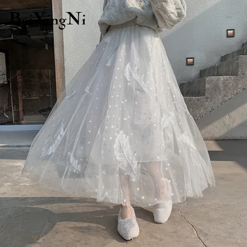

Beiyingni High Waist Tulle Skirt Women Feather Embroidery Mesh Charming A Line Tutu Skirts Fashion Long Maxi Bridesmaids Skirt