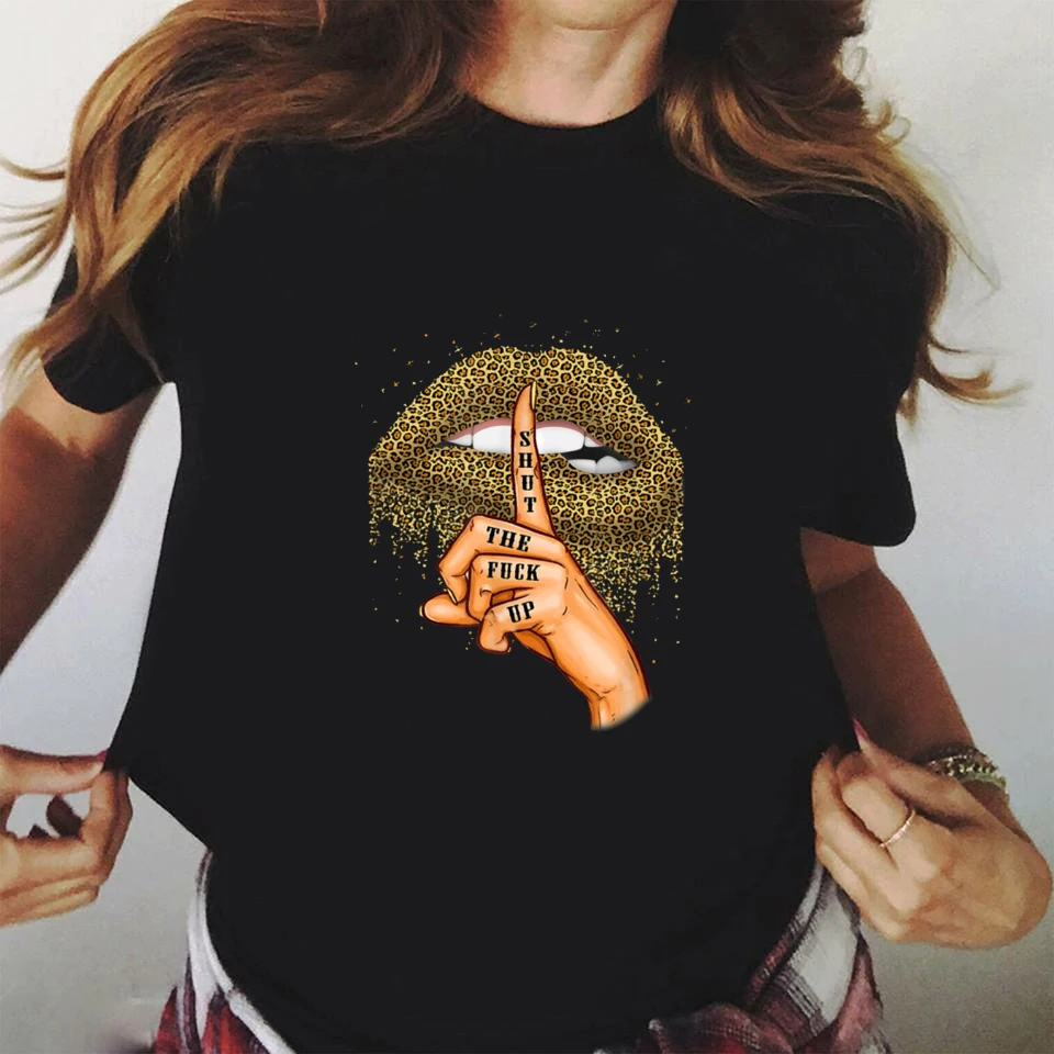 2020 Lips Leopard Graphic T Shirt lip Women Tops Shirt Base O-neck camisa leopard Black Tees Kiss Leopard Lip Funny Girls Tshirt