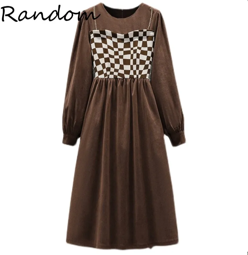 

Vintage Plaid Corduroy Dress O Neck Puff Long Sleeve High Waist 2021 Winter Party Midi A Line Dresses For Woman Clothing Robe