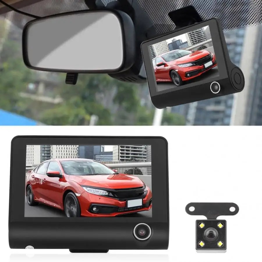 Видеорегистратор dash cam 4 дюйма Автомобильный IR dash cam 3-Way HD 1080P для вождения DVR 3-объектив камера s видеорегистратор для автомобиля рекордер