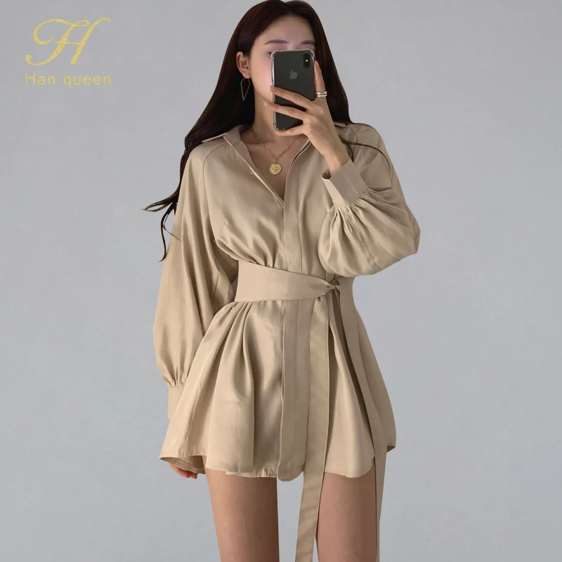 

H Han Queen Women 2019 Autumn New Korean Style Lace-up Loose Shirts Blouses And Shorts Pants Two Pieces Casual Suits Fashion Set
