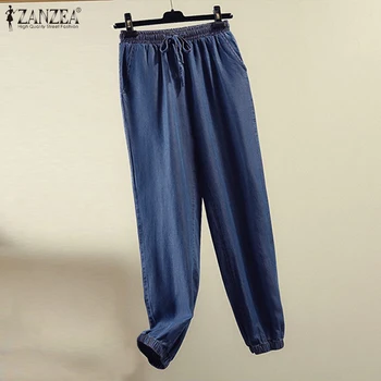 

Women's Solid Harem Pants 2020 ZANZEA Stylish Autumn PalazzoFemale Elastic Waist Denim Blue Long Pantalon Female Casual Pant 5XL
