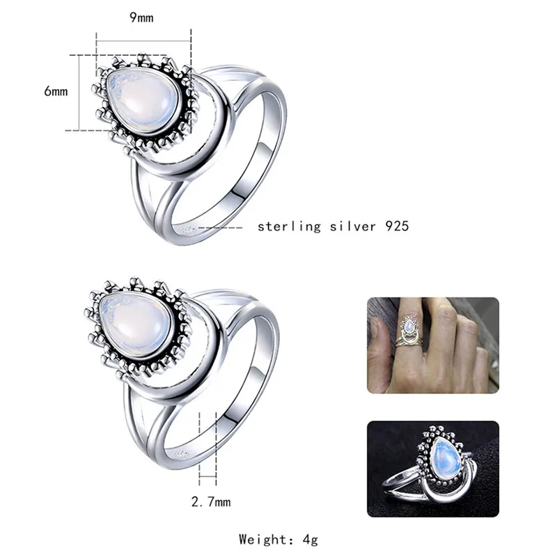 Bague Ringen, хорошее ювелирное изделие, с драгоценными камнями, серебро 925, кольцо для женщин, в форме капли воды, лунный камень, полумесяц, темперамент, кольца