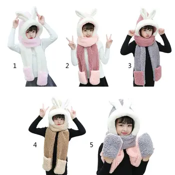 

Kids 3 in 1 Scarf Hat Gloves Stitching Color Adorable Rabbit Ear Hoodie Earflap NEW