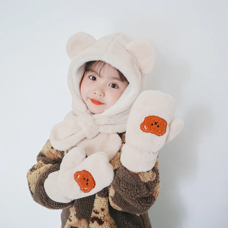 Winter Warm Baby Gloves Thick Soft Plush Cartoon Bear Kids Mittens For Baby Girl Boy Solid Color Full Finger Children Gloves