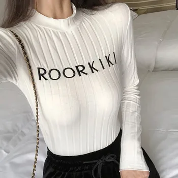 

Slim Ladies Sweaters Letter Embroidery Half Turtleneck Pullover Sweater Autumn Womens Long Sleeve Knitting Jumper Sweater