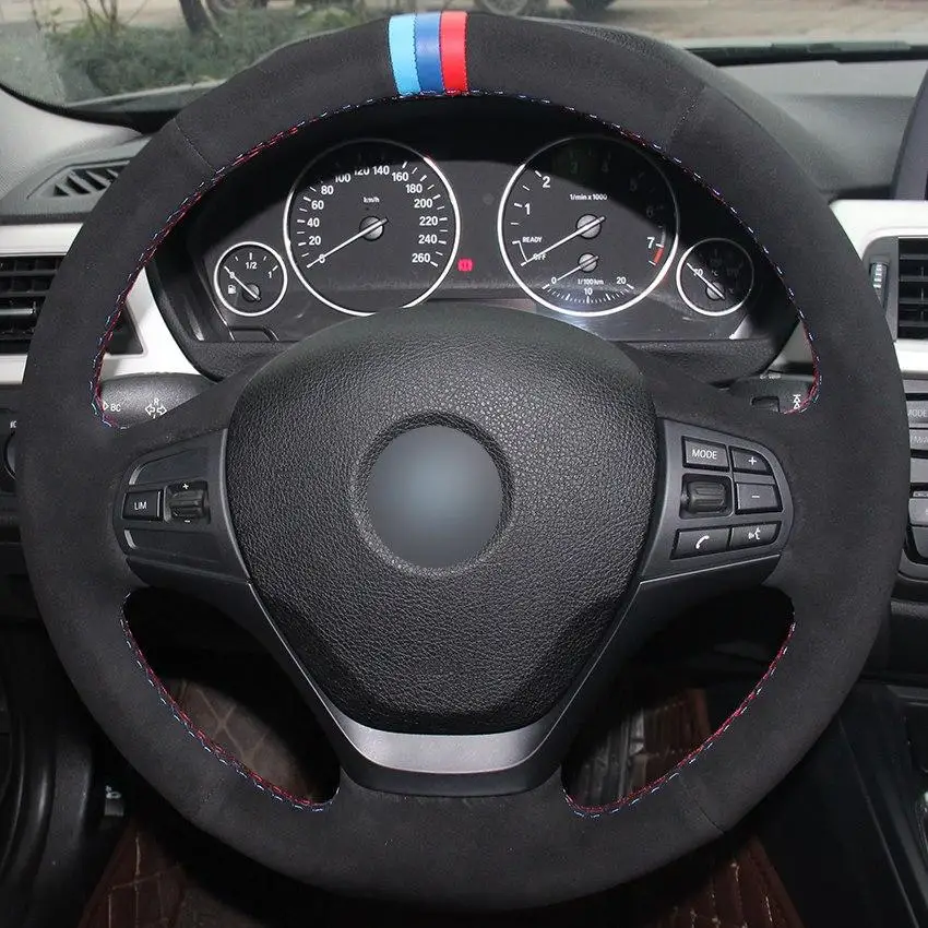 

Black Suede Light Blue Blue Red Marker Car Steering Wheel Cover for BMW F30 316i 320i 328i