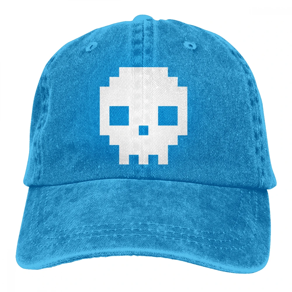 8-битный череп Casquette синий унисекс Мужские Женские деним бейсболка с ремешком Кепки регулируемые клюшки для гольфа шляпа для папы